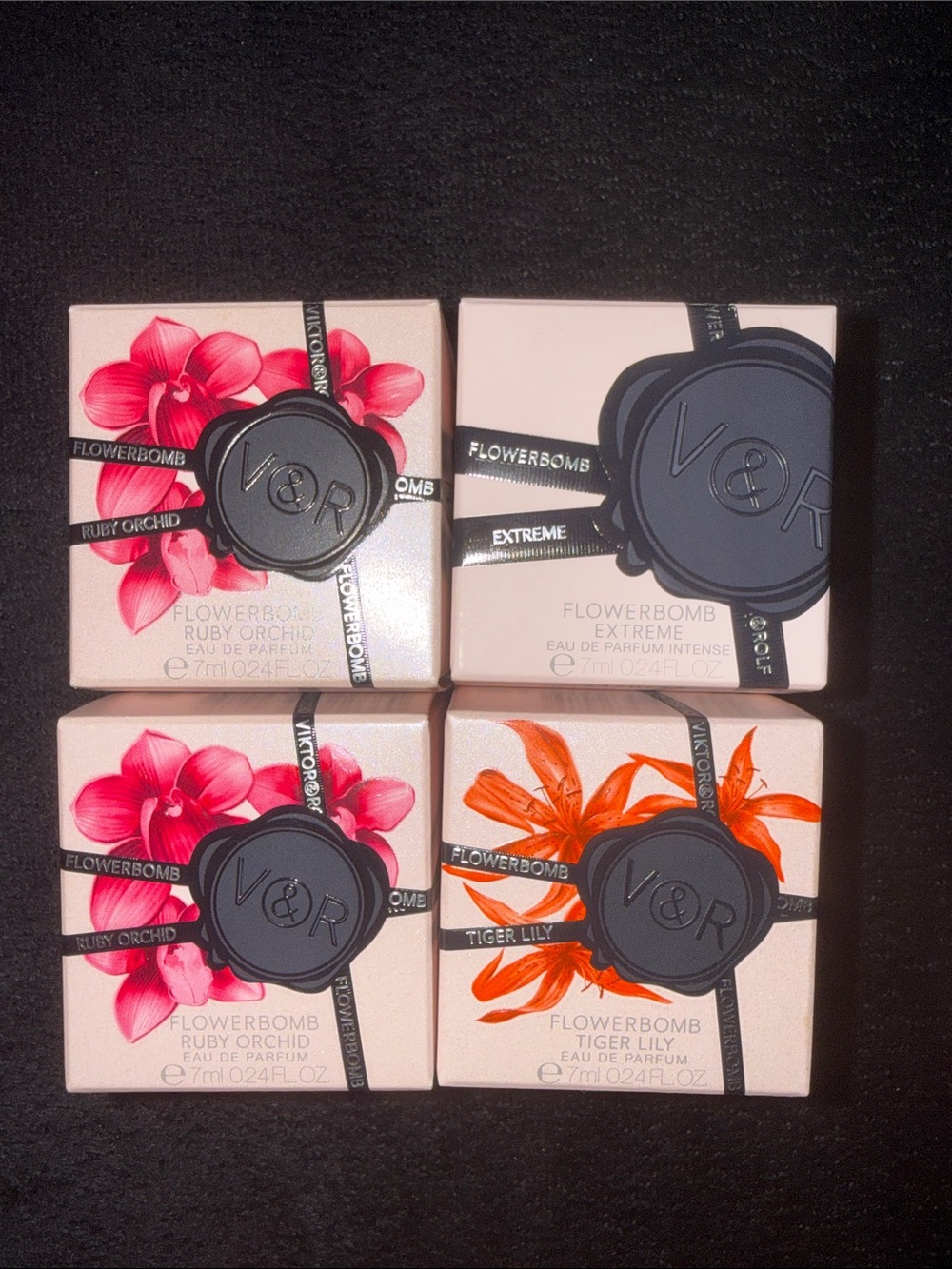 Viktor & Rolf Flowerbomb Minis ruby orchid/ extreme /tiger lily 7ml bottles. X4